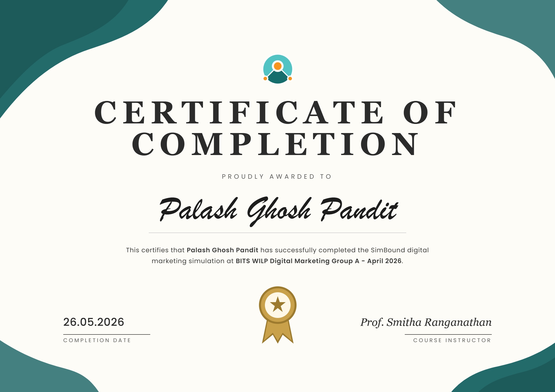 Palash Ghosh Pandit's Simbound certificate of completion